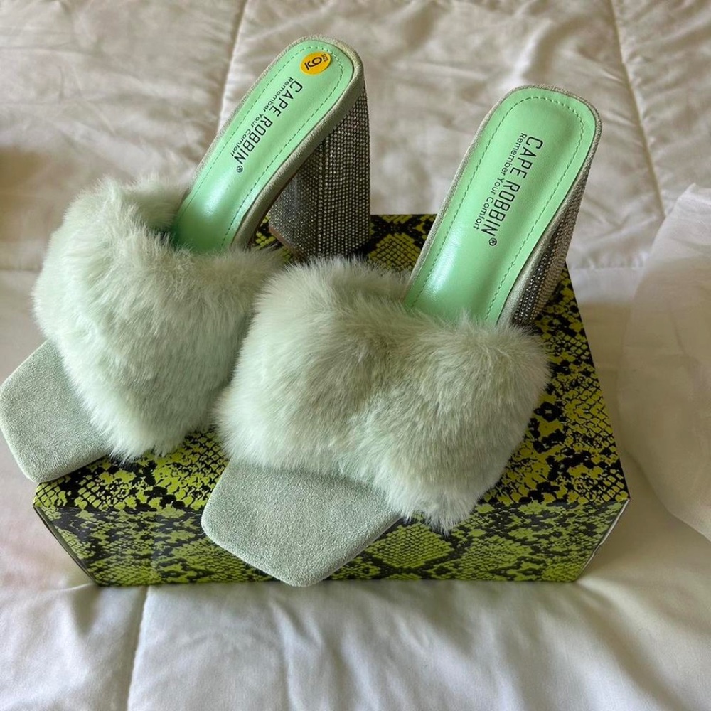 chunky heel velour gem sparkle sparkly preppy peep toe summer mule fuzzy furry p